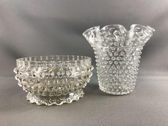 Clear glass hobnail bowl and vase
