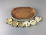 Copper Tray with 6 hand painted mirrored coasters