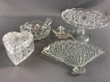 Group of Clear glass cake stand, candle holder and more