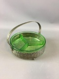 Antique Green Glass Divider Dish with Metal Carry Basket