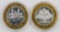 Lot of (2) $10 .999 Silver Casino Gaming Tokens.