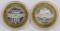 Lot of (2) $10 .999 Silver Casino Gaming Tokens.