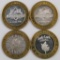Lot of (4) $10 .999 Silver Casino Gaming Tokens.