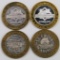 Lot of (4) $10 .999 Silver Casino Gaming Tokens.