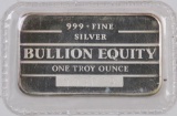 Bullion Equity .999 Fine Silver 1oz. Ingot.