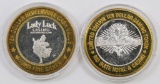 Lot of (2) $10 .999 Silver Casino Gaming Tokens.