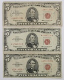 Lot of (3) 1963 $5 Legal Tender Notes.