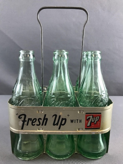 Vintage 7up carrier with Coca Cola bottles