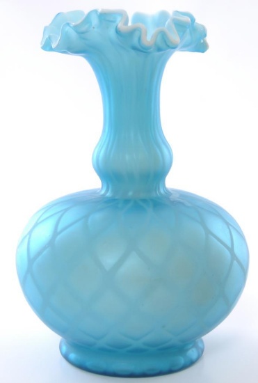 Antique Blue Mother of Pearl Satin Glass Ruffled and Ribbon Edge Vase