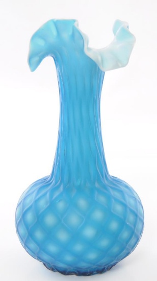 Antique Blue Cut Velvet Satin Glass Ruffled Ribbon Edge Vase