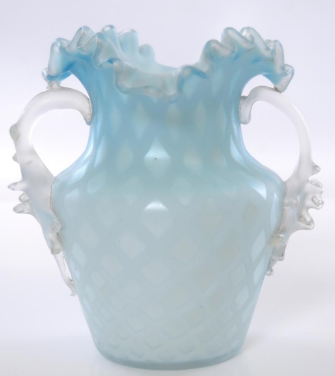 Antique Blue Mother of Pearl Satin Glass Ruffled Ribbon Edge Vase