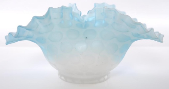 Antique Blue Mother of Pearl Satin Glass Ruffled Ribbon Edge Basket