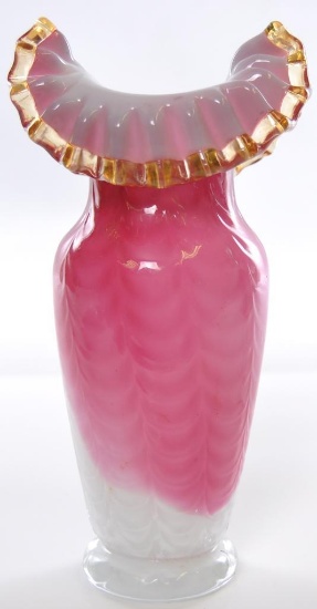 Antique Phoenix Glass Pink Phoenix Drape Satin Glass Ruffled Ribbon Edge Vase