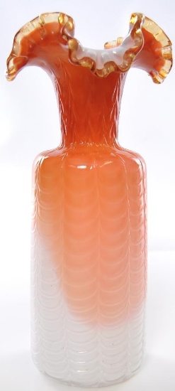 Antique Phoenix Glass Orange Satin Ruffled Ribbon Edge Vase