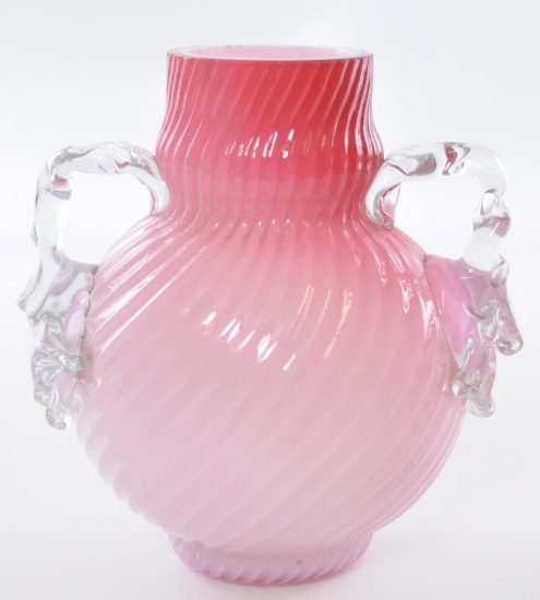 Antique Pink Ribbed Glass Vase with Applied Handles