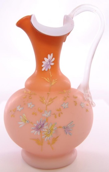 Antique Orange Mother of Pearl Satin Glass Ruffled Edge Pitcher with Enamel Flower Design