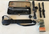 Group of gun scopes, cleaning kit and more