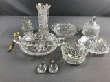 Group of 9 clear pressed glass and crystal pieces