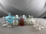 Group of glass bowls, glasses, covered dishes and more