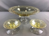 Group of 3 piece yellow glass dish and candlestick holders