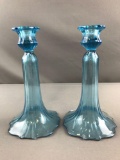 Clear blue glass candlestick holders