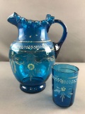 Hand painted blue glass pitcher and glass