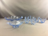 Group of 8 Vintage Clear Blue Glass Dishes