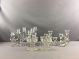 Group of 3 Pairs of Vintage Clear Glass Candlestick Holders