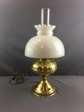 Brass Electric Oil Lamp with Milk Glass Shade