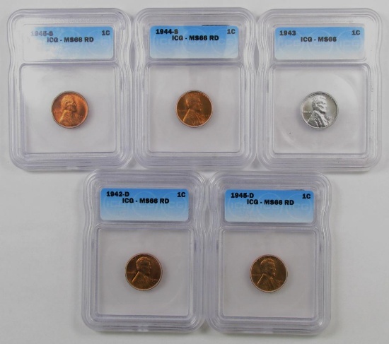 Lot of (5) Lincoln Wheat Cents all (ICG) MS66.