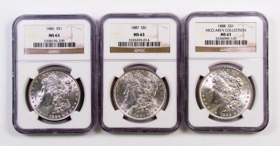 Lot of (3) Morgan Silver Dollars all (NGC) MS63.