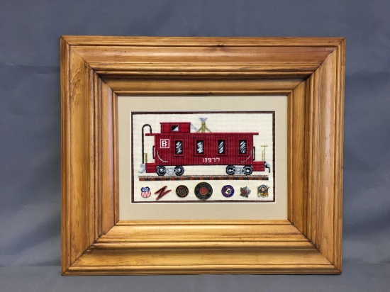 Framed Needlepoint Caboose with 6 Train Pins