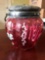 Hand painted covered glass jar with handle