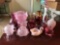 Group of 13 pink and cranberry glass pieces