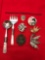 Group of pins, sterling mother of pearl flatware and more