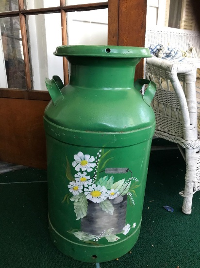 Antique milk can with hand painted floral design