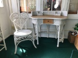 Antique wicker desk with oak top and chair