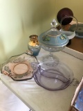 Group of 4 glass items including covered candy dish