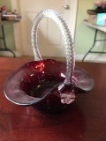 Red glass basket with clear handle