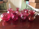 Group of 7 cranberry glass items