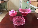 Group of 3 cranberry hobnail glass pieces