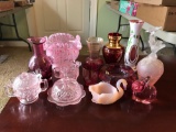 Group of 13 pink and cranberry glass pieces