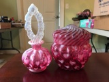 Group of 2 Fenton Heart Optic cranberry covered dish and opalescent perfume bottle