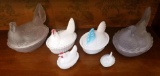 lot of 6 covered chickens frosted and milk glass