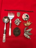 Group of pins, sterling mother of pearl flatware and more