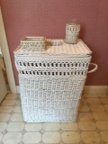 Vintage wicker laundry basket with lid, cup and soap