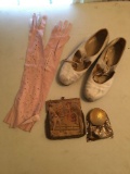 Group of vintage purses, tap shoes and gloves