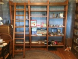 Wood library bookshelf with movable ladder and rail