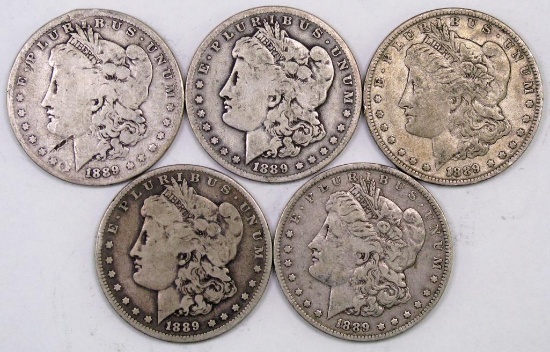 Lot of (5) 1889 O Morgan Silver Dollars.