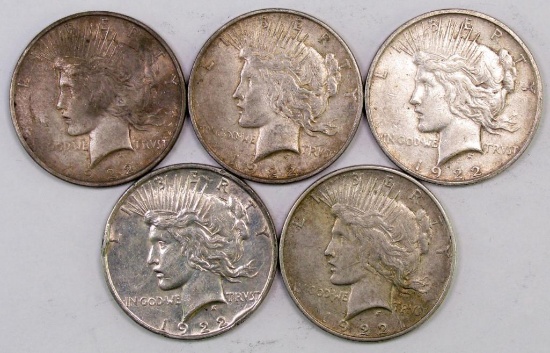 Lot of (5) 1922 D Peace Silver Dollars.